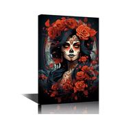 Woman with Sugar Skull Makeup Prints on Canvas Wall Art for Living Room Girl with Red Flowers on the Head Painting House Decorations Sugar Skull Girl Portrait Poster for Walls 16" Wx24 Hx1 Panel