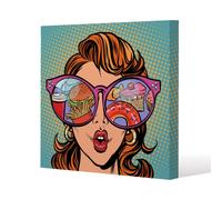 Woman with sunglasses. Fast food and sweets in the reflection (Canvas Print) / 101 x 101 x 4cm Benjamin Tate Design Natural One Size