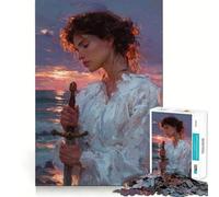 Woman with Sword at Sunset Painting 1000 Piece Teenager Puzzles Cognitive Train Game Zero Gap Compact Fun for Family Game Time (50x75cm)