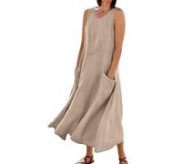Woman's Dresses Summer Cotton Linen Solid Color Crew Neck Sleeveless Dresses Tunic Tank Dress with Pockets UK Womens Summer Dress (Khaki, M)