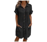 Womans Dresses Tee Shirt Cotton Shirts for Women UK Black Linen and White Summer Dress Button Up Shift Womens Tshirt Mini Through Striped Lapel Down with Functional Pockets Black #4 M