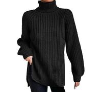 Womans Jumper Autumn and Winter Fashion Solid Color Knit Sweater Medium Long Shoulder Sleeve High Lapel Split Sweater Pullover Sweater Deals Crop Swing Christmas Sweater for Women Black