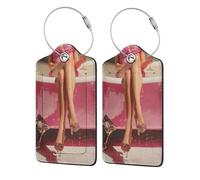 Woman's Legs in A Pink Bathtub Luggage Tag for Suitcase 2 Pack Leather Luggage Tag with Privacy Flap Name Id Label and Metal Loop for Women Men Travel