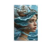 Woman's Profile Blended with Ocean Wall Art, Surreal Digital Art Print, Fantasy Poster, Dreamy Canvas Picture Artistic Wall Mural Modern Hanging Decor Poster24x36inch(60x90cm)