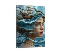 Woman's Profile Blended with Ocean Wall Art, Surreal Digital Art Print, Fantasy Poster, Dreamy Canvas Picture Artistic Wall Mural Modern Hanging Decor Poster24x36inch(60x90cm)