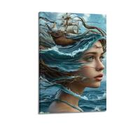 Woman's Profile Blended with Ocean Wall Art, Surreal Digital Art Print, Fantasy Poster, Dreamy Canvas Picture Poster Decorative Painting Canvas Wall Posters And Art Picture Print Modern Family Bedroom