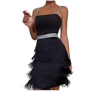 Womans Sequins Tassel Flapper Dress Sparkly Mini Prom Cocktail Evening Party Dress Roaring Fancy Sequin Dress Sleeveless Nightclub Costume Latin Salsa Samba Rumba Tango Ballroom Dancewear Black
