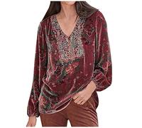 Woman's Shirts UK Sale Elegant Velvet Tops V Neck Long Sleeve Blouses Retro Floral Print Shirts Plus Size Lantern Sleeve Patchwork Tops Size 8-22 Party Wear