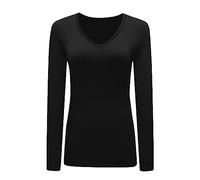 Womans T Shirt New Ladies Tops Long Sleeve V Neck Basic Casual Tshirts UK Plus Size 8-26 Black