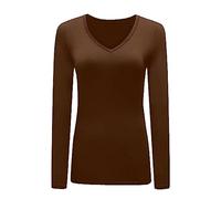 Womans T Shirt New Ladies Tops Long Sleeve V Neck Basic Casual Tshirts UK Plus Size 8-26 Brown