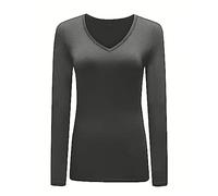 Womans T Shirt New Ladies Tops Long Sleeve V Neck Basic Casual Tshirts UK Plus Size 8-26 Charcoal