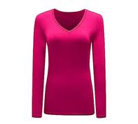 Womans T Shirt New Ladies Tops Long Sleeve V Neck Basic Casual Tshirts UK Plus Size 8-26 Fuchsia