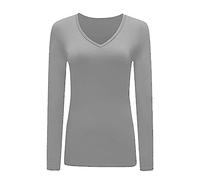 Womans T Shirt New Ladies Tops Long Sleeve V Neck Basic Casual Tshirts UK Plus Size 8-26 Light Grey