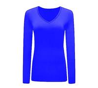 Womans T Shirt New Ladies Tops Long Sleeve V Neck Basic Casual Tshirts UK Plus Size 8-26 Royal Blue