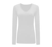 Womans T Shirt New Ladies Tops Long Sleeve V Neck Basic Casual Tshirts UK Plus Size 8-26 White