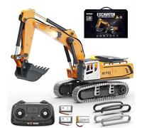 Womaqu RC Digger for Adults and Kids 6+, Remote Control Excavator Mini 1:50 with Metal Bucket, Tracks, 2.4GHz LCD Controller, Lights and Sound, 2 Batteries, Metal Construction Vehicle Model