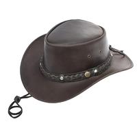 Wombat Outback Australian Hat Brown Cow Hide Leather Cowboy Bush Hat | Chin Strap | Rugged Unisex Woman's Mens Hats Outback Size X-Large