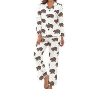 Wombats Pattern Womens Pajama Set Long Sleeve Loungewear Shirt Top Pants Button Down Sleepwear