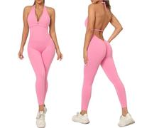 Women 1 Piece Backless Jumpsuits Sleeveless Seamless Rompers Unitards Gym Workout Yoga Playsuits Bodycon Butt Lifting Yoga Exercise Unitard V Neck Stretchy Romper Solid Color Activewear Tracksuit (L)