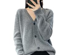 Women 100% Solid Wool Cardigan Sweater Knitting Full Sleeved V-Neck Cashmere Sweater Loose Coat gray9 M