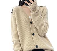 Women 100% Solid Wool Cardigan Sweater Knitting Full Sleeved V-Neck Cashmere Sweater Loose Coat Shallow khaki9 M