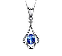 Women 18K White Gold Necklace Flower Red/Blue Oval 0.3CT Ruby/Sapphire with White Round 0.01CT Diamond Pendant Necklace 18 Inch
