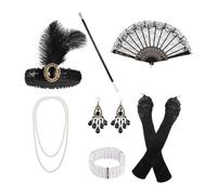Women 1920s Accessories Set Headband Jewelry Headdress for Stage Performances Style B with Fan Rod Necklace Bracelet Earrings Gloves