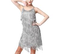 Women 1920s Flapper Fringe Dress Sequin Tassel Dance Costume Lady Salsa Samba Tango Latin Dance Dress Ballroom Sparkly Dancewear for Cocktail Party Grey 3X-Large