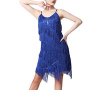 Women 1920s Flapper Fringe Dress Sequin Tassel Dance Costume Lady Salsa Samba Tango Latin Dance Dress Ballroom Sparkly Dancewear for Cocktail Party Blue XX-Large