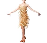 Women 1920s Flapper Fringe Dress Sequin Tassel Dance Costume Lady Salsa Samba Tango Latin Dance Dress Ballroom Sparkly Dancewear for Cocktail Party Golden Small