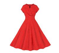 Women 1950s Audrey Hepburn Tea Dress Keyhole Neck Vintage Rockabilly A Line Swing Cocktail Party Dress Plain Short Sleeve Retro Flowy Pleated Dance Gown Dresses UK Sale Clearance Red