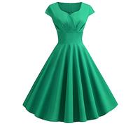 Women 1950s Audrey Hepburn Tea Dress Vintage Rockabilly A Line Swing Cocktail Party Dress Plain Short Sleeve Retro Flowy Pleated Dance Gown Dresses UK Clearance, Size S-XXL