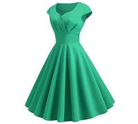 Women 1950s Audrey Hepburn Tea Dress Vintage Rockabilly A Line Swing Cocktail Party Dress Plain Short Sleeve Retro Flowy Pleated Dance Gown Dresses UK Clearance, Size S-XXL