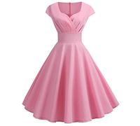 Women 1950s Audrey Hepburn Tea Dress Vintage Rockabilly Dress A Line Swing Cocktail Party Dress Plain Short Sleeve Retro Dresses Swing Flowy Pleated Dance Gown Pink