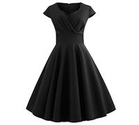 Women 1950s Audrey Hepburn Tea Dress Vintage Rockabilly Dress A Line Swing Cocktail Party Dress Plain Short Sleeve Retro Dresses Swing Flowy Pleated Dance Gown Black