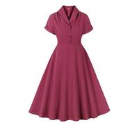 Women 1950s Audrey Hepburn Tea Dress Vintage Rockabilly Dress A Line Swing Cocktail Party Dress Short Sleeve Button V Neck Retro Dresses Plain Swing Flowy Pleated Dance Gown