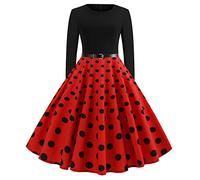 Women 1950s Audrey Hepburn Tea Dress Vintage Rockabilly Dress Polka Dots A Line Swing Cocktail Party Dress Long Sleeve Fall Retro Dresses Swing Flowy Pleated Dance Gown UK Stock Sale Red