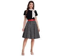 Women 1950s Dress A Line Floral Polka Dot Print Swing Cocktail Dress Short Sleeve Tie Neck Vintage Rockabilly Retro Evening Dress with Belt Black L