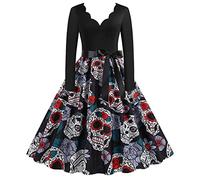 Women 1950's Rockabilly Halloween Skull Vintage Cocktail Dress Retro Floral Print Swing Party Dresses with Belt (L,JY15113)