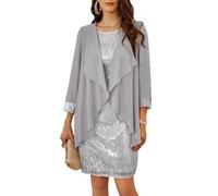 Women 1950S Sequin Party Cocktail Dress + Blouse Two-Piece Set HIPS-Wrapped A Line Dress Silver White XL