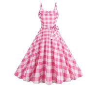 Women 1950S Vintage Rockabilly Sleeveless Suspender Dress Spaghetti Straps Gingham Swing A Line Cocktail Dress Bodycon Dress Prom Dress for Women UK Pink