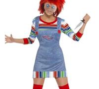 Women 2 Pcs Halloween Costumes Scary Nightmare Killer Doll Wanna Play Movie Character Bodysuit Chucky Doll Cosplay Costume Set (G-Blue, L)