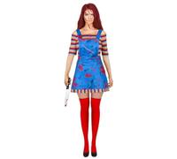Women 2 Pcs Halloween Costumes Scary Nightmare Killer Doll Wanna Play Movie Character Bodysuit Chucky Doll Cosplay Costume Set (I-Blue, XL)