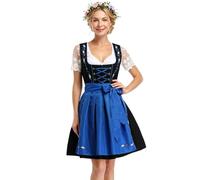 Women 2-Piece Bavarian Dirndl Oktoberfest Costume - Dress + Apron Blue L