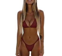 Women 2 Piece Bikini Sets Brazilian Beach Swimsuit Halterneck Push Up Top and Thong Bikinis Bottoms Sexy Low Waisted Strappy Bathing Suit Solid Color String Swimming Costume (02-Coffee, S)