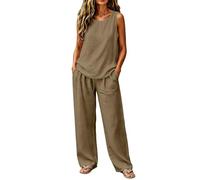 Women 2 Piece Cotton Linen Lounge Set Vest & Wide Leg Trousers Co Ord Sets
