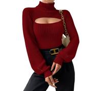 Women 2 Piece Cutout Sweater Rib Knit Long Sleeve Pullover Mock Neck Fall Winter Outfit Wine Red Medium