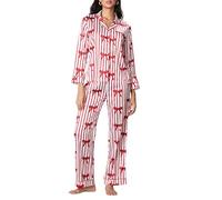 Women 2 Piece Lounge Outfit Bow Print Satin Pajama Set Fall Long Sleeve Lapel Button Sleepwear Sets (B-a-Red, S)