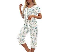 Women 2 Piece Loungewear Set Tracksuit Short Sleeve V Neck Tops Capri Pants Cropped Trousers Lounge Sets Summer Outfits Soft Comfort Pajamas Sets Homewear Ladies Co Ord Set Loose Comfort Sleepwear