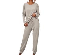 Women 2 Piece Outfits Autumn Winter Lounge Ribbed Knit Warm Pajama Sets UK Soft Long Sleeve Crewneck Tops Jumper and Drawstring Jogger Pants Tracksuits Lighweight Breathable Sleepwear